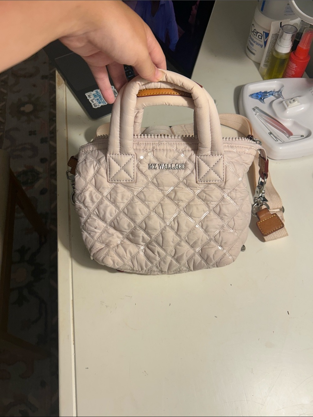 MZ Wallace Quilted Mini Tote in Light Blush with Sequins